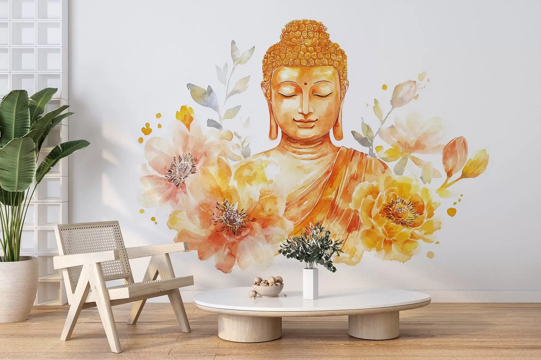 murales de pared Buda de acuarela con flores, espiritual, paleta de color naranja w04005