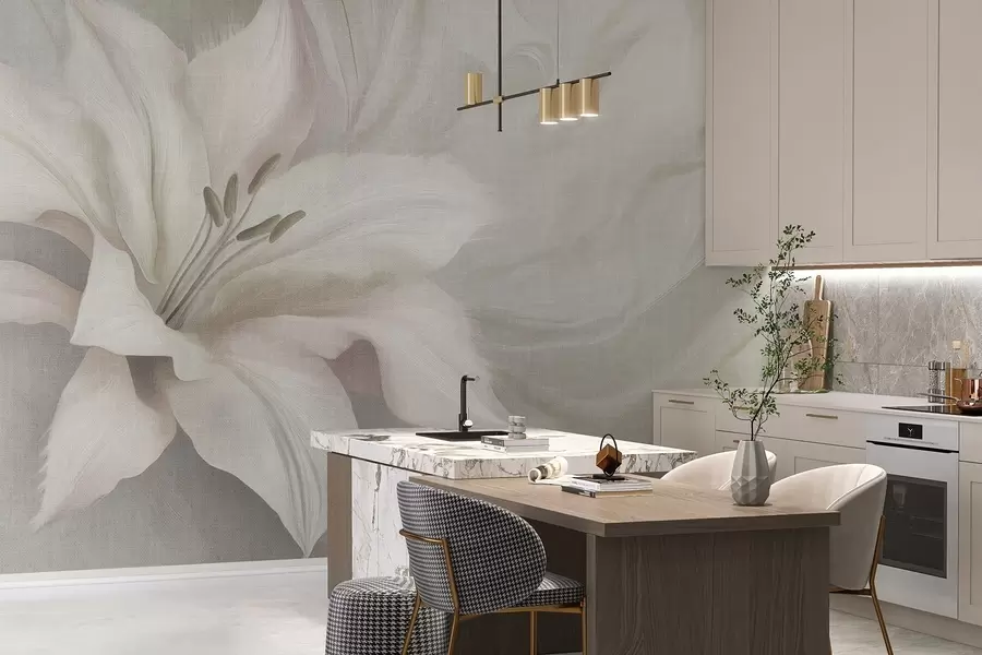 murales de pared Flor de lirio abstracción fluida, floral, colores grises w04006v2