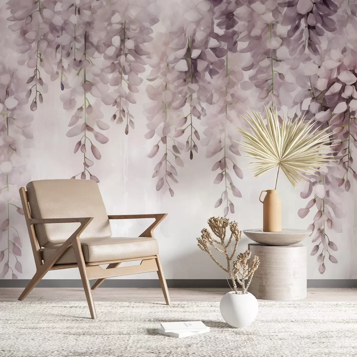 murales de pared Suave escena de acuarela en tonos rosa cremoso, con racimos de glicinas en cascada formando una cortina floral de ensueño w04034v2