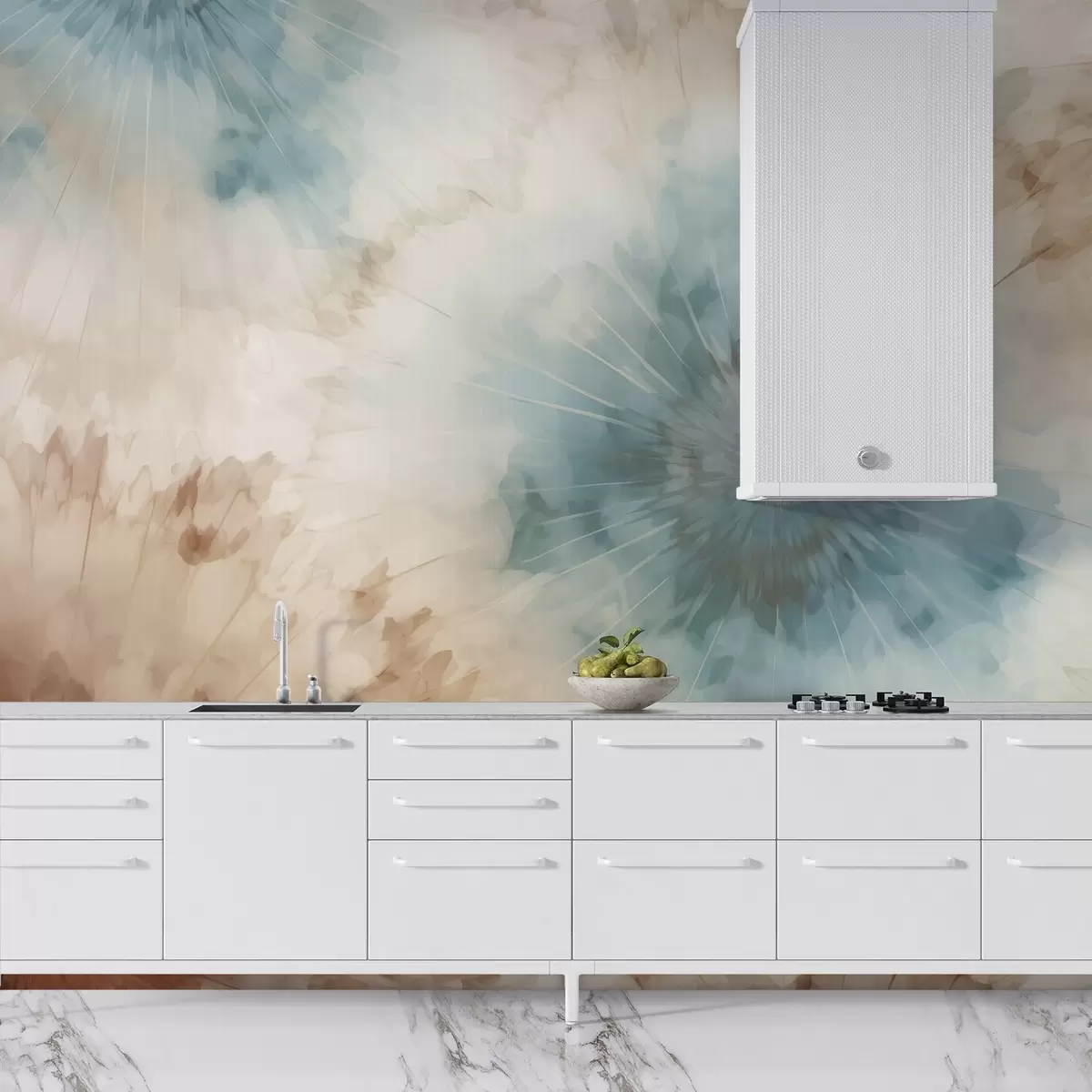 murales de pared Las ráfagas radiantes en tonos azul cielo, arcilla y ocre crean una suave interacción de energía enraizada y expansión aérea, evocando el pulso de la naturaleza w04036