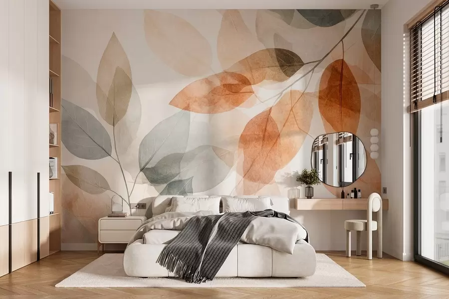 murales de pared hojas estilo acuarela en tonos sepia y grises w04024