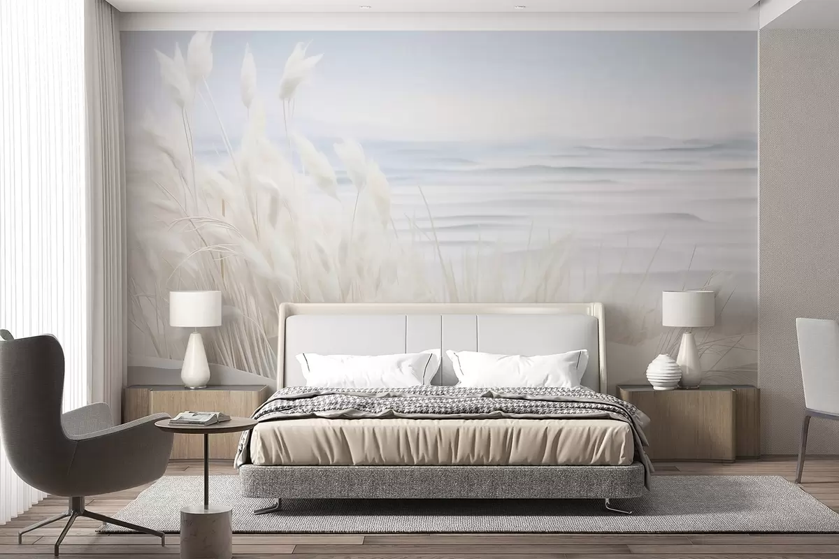 murales de pared Paisaje con hierba de pampa blanca sobre una duna de arena, con un océano azul claro de fondo, estilo suave y minimalista w09132