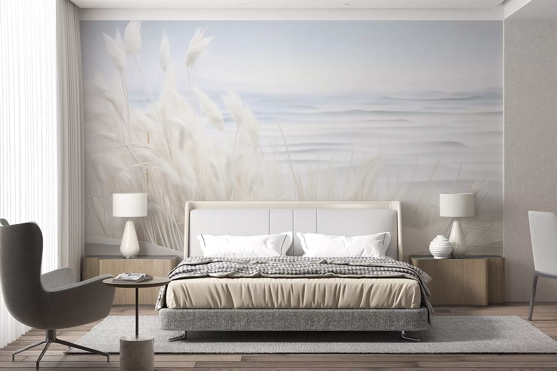 murales de pared Paisaje con hierba de pampa blanca sobre una duna de arena, con un océano azul claro de fondo, estilo suave y minimalista w09132