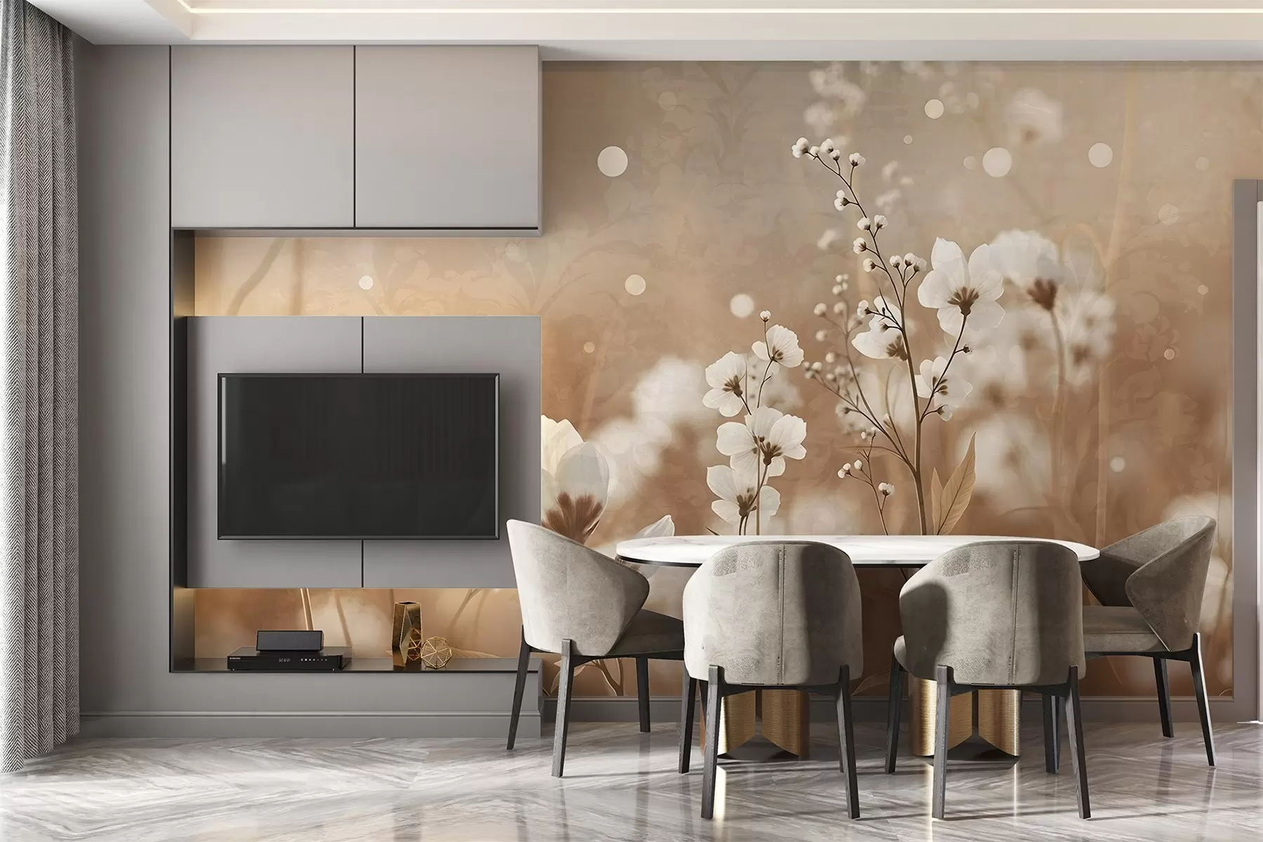 murales de pared Flores blancas con tallos y hojas marrones en un campo, efecto bokeh, paleta de colores cálidos, elegante obra de arte inspirada en la naturaleza w09135