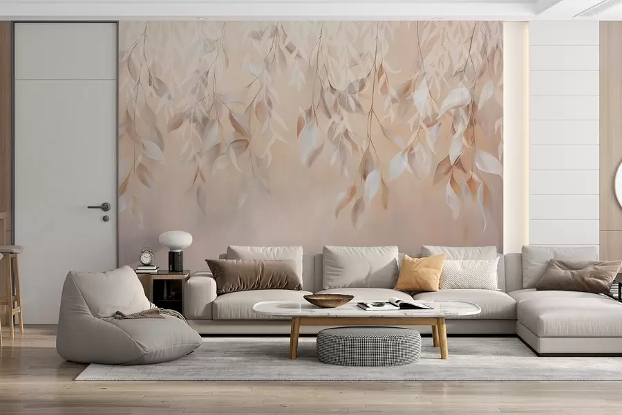 murales de pared Hojas colgantes de textura blanca y beige con una suave paleta de colores, melocotón, gris y blanco delicado de fondo w09136