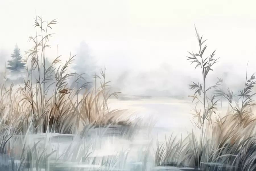 murales de pared Paisaje texturizado de un lago con hierbas altas en primer plano, azul suave y marrón, agua tranquila, árboles en la distancia w09137