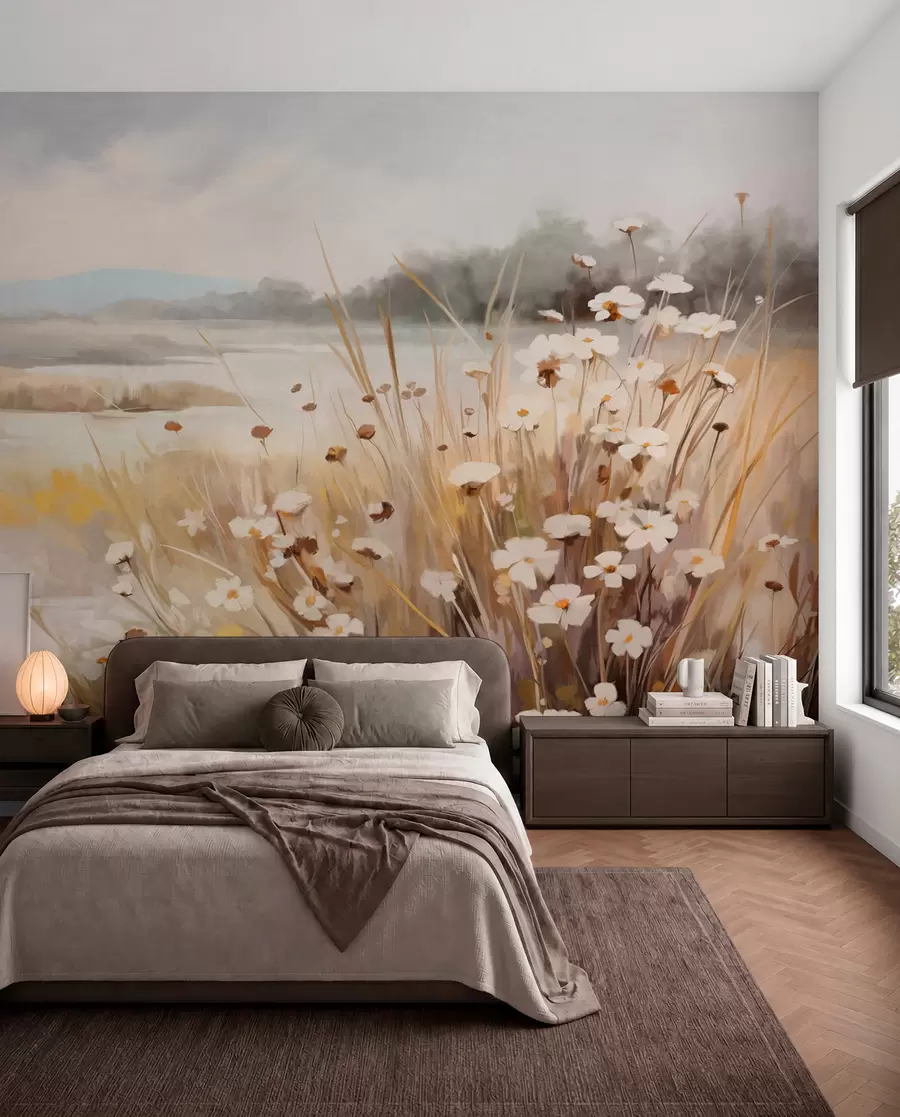 murales de pared Campo de hierba alta y margaritas blancas, árboles al fondo, bajo un cielo nublado, paisaje con textura, pinceladas suaves w09139
