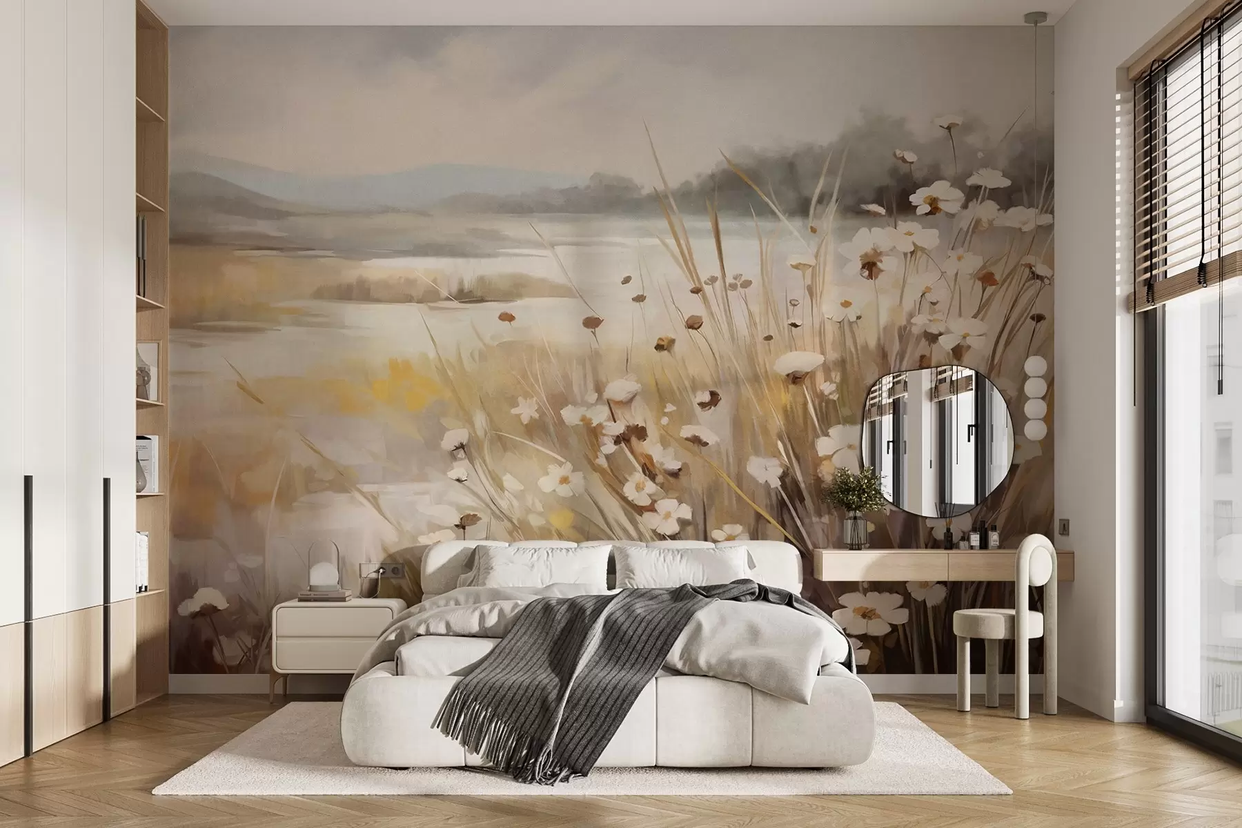 murales de pared Campo de hierba alta y margaritas blancas, árboles al fondo, bajo un cielo nublado, paisaje con textura, pinceladas suaves w09139
