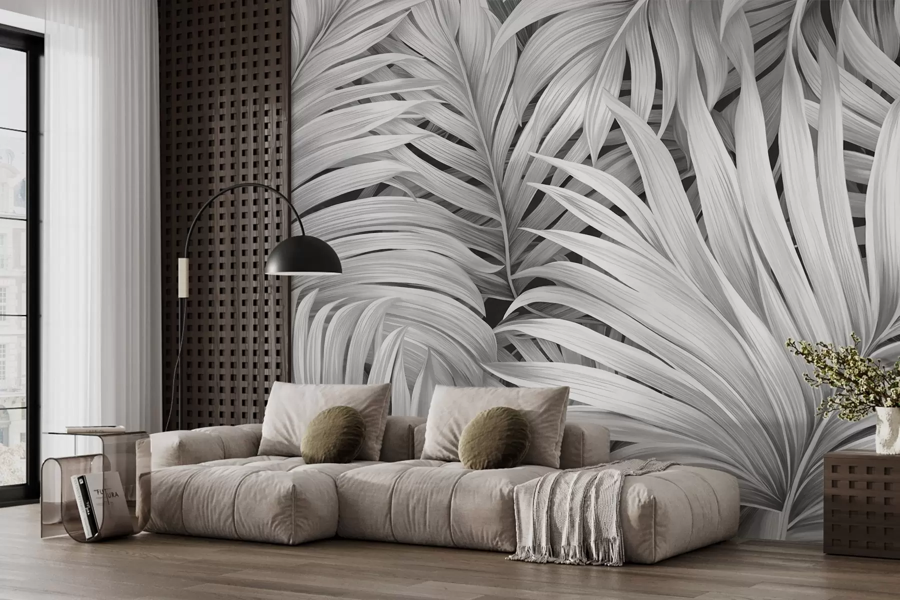 murales de pared Hojas de palmera tropical con textura monocromática, creando un estampado tropical y botánico w09145