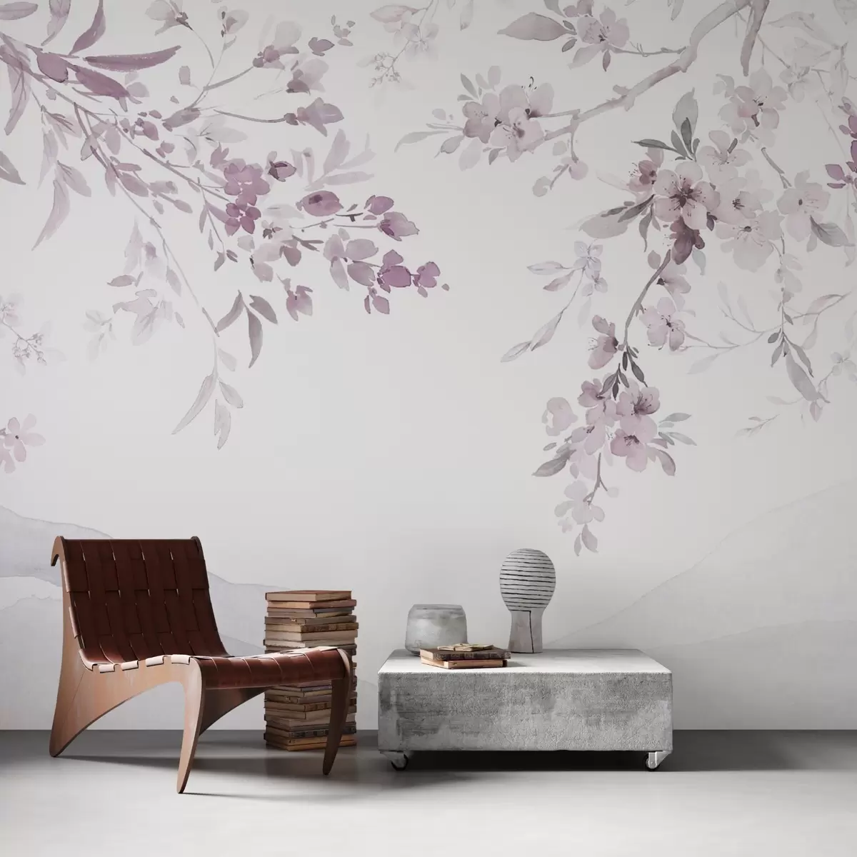 murales de pared Ramas floridas, imitación de acuarela, tonos púrpura-rosa w03935v1