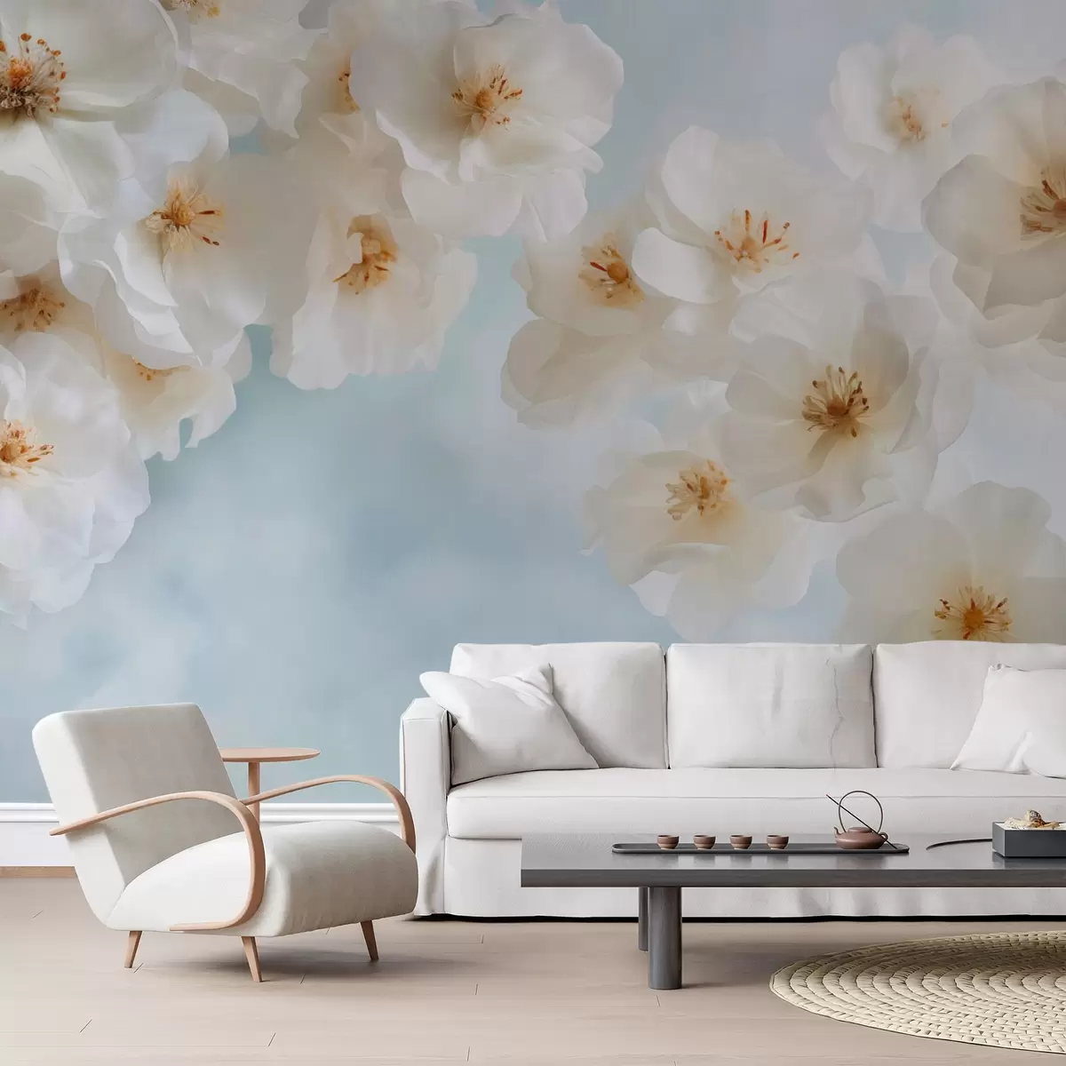 murales de pared Delicadas flores grandes sobre fondo azul claro w03931v1