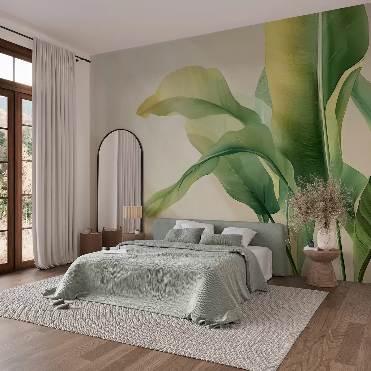murales de pared grandes hojas tropicales verdes al lado w03959
