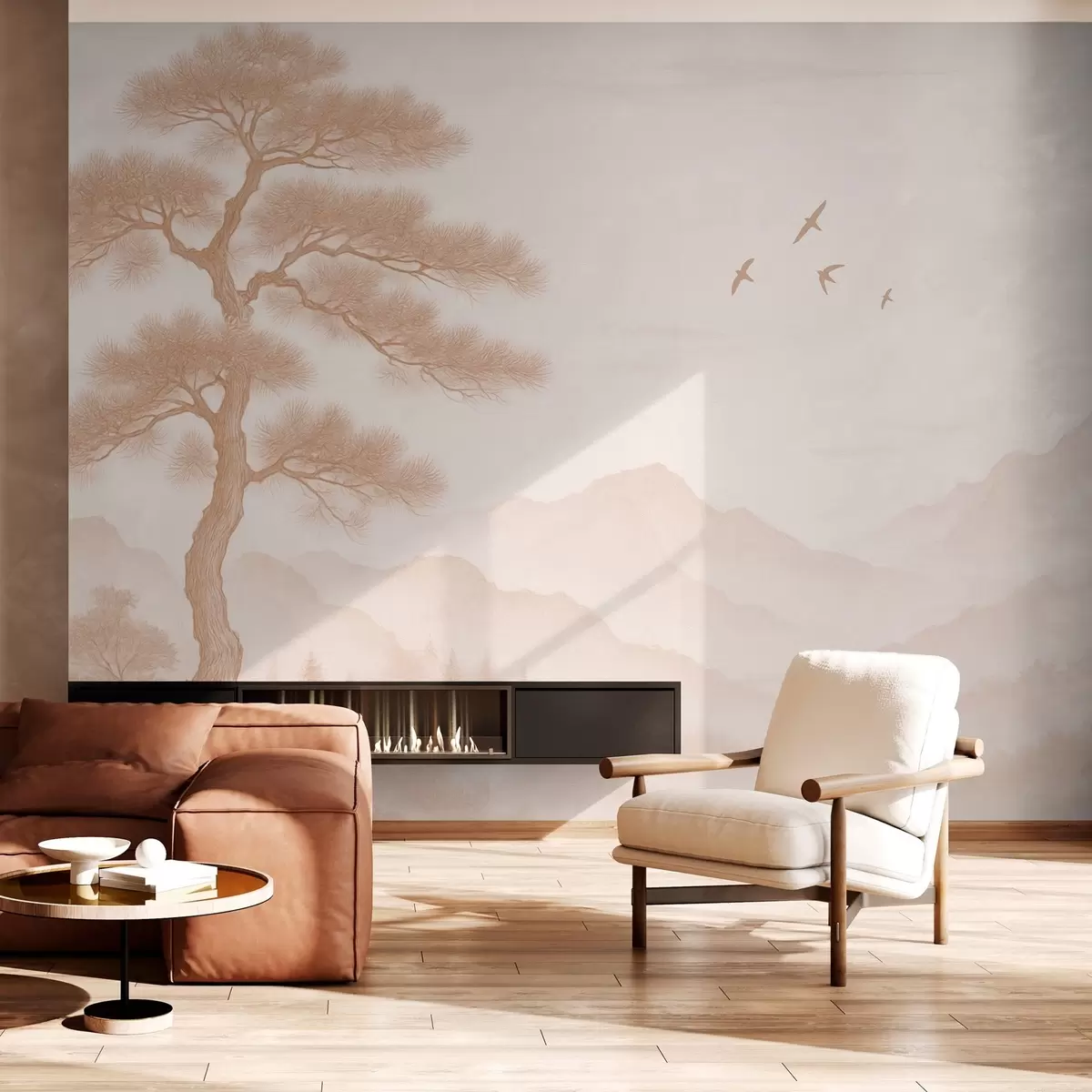 murales de pared panorama de colinas con un gran árbol en tonos moca w04033v1