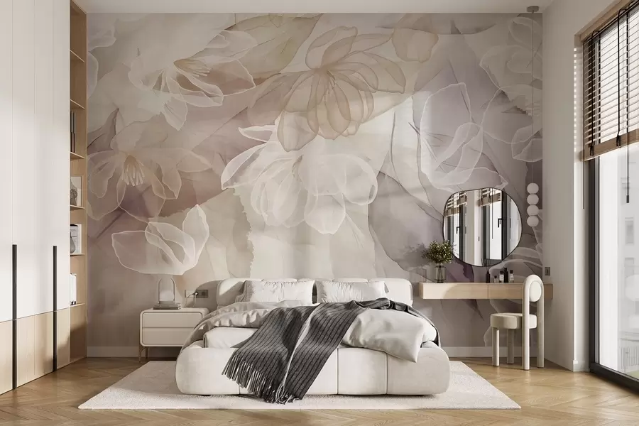 murales de pared Flores y hojas con pétalos transparentes en tonos blancos, beige y morados, suaves y delicados w09158