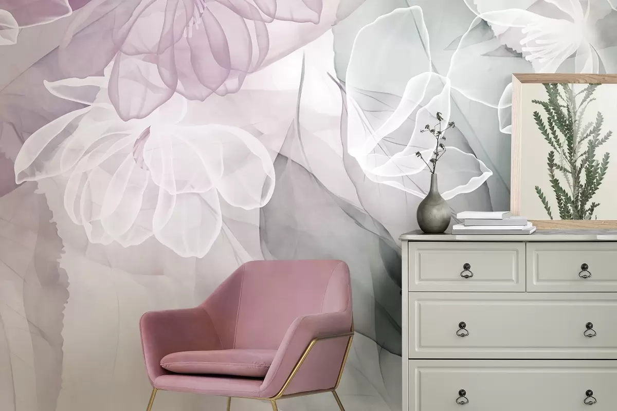 murales de pared Flores y hojas con pétalos transparentes en tonos blancos, rosas y verdes, suaves y delicados w09158v1