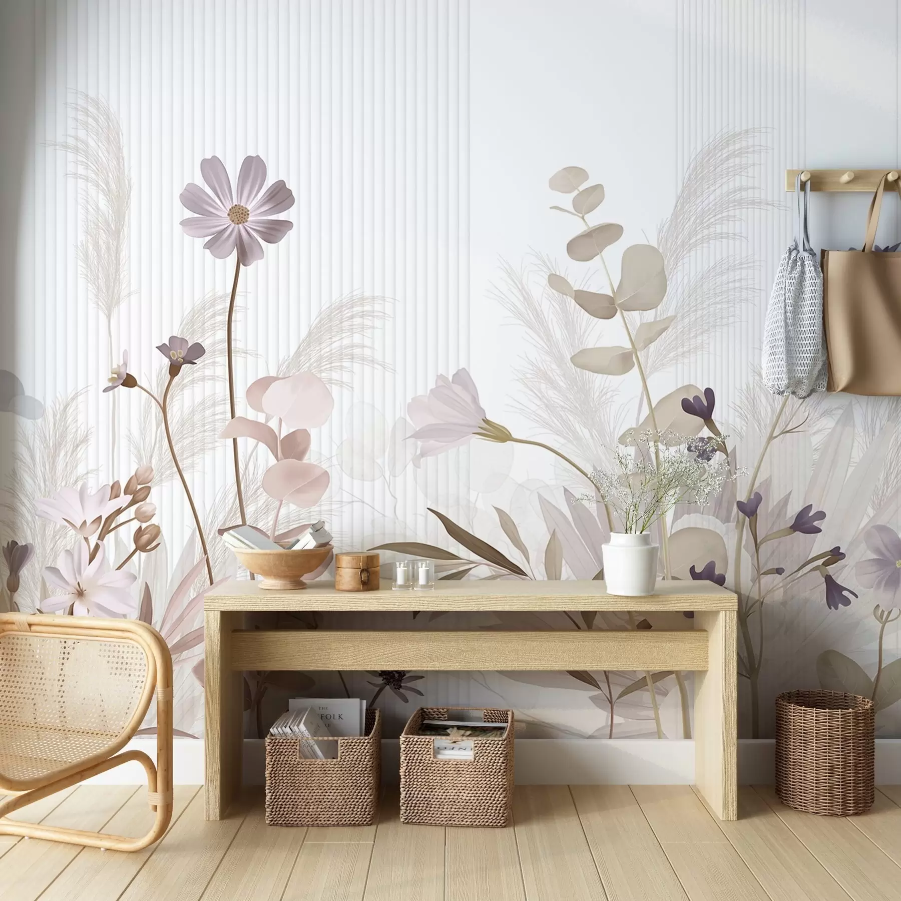 murales de pared Flores en colores pastel, hojas marrón claro, fondo blanco con líneas verticales, elegante y minimalista w09161