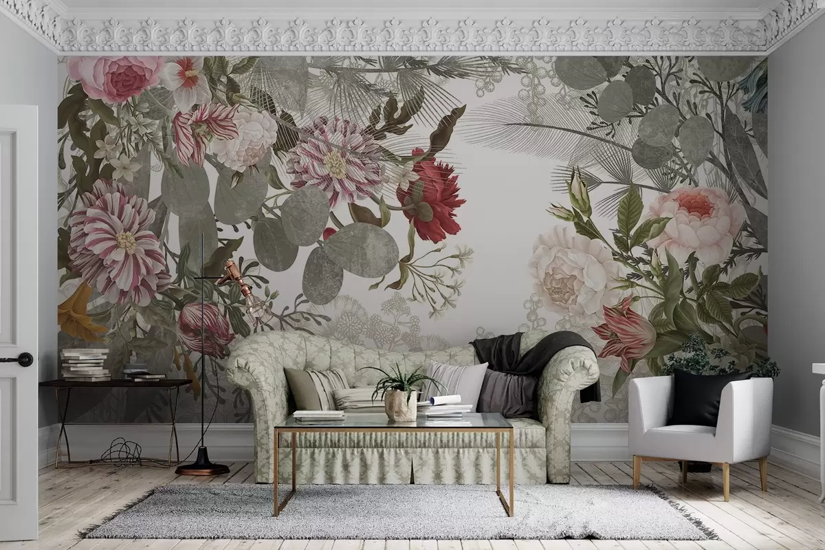 murales de pared Arreglo floral vintage con rosas, eucalipto y mimosa en tonos verde apagado, rojo y rosa w09164v1