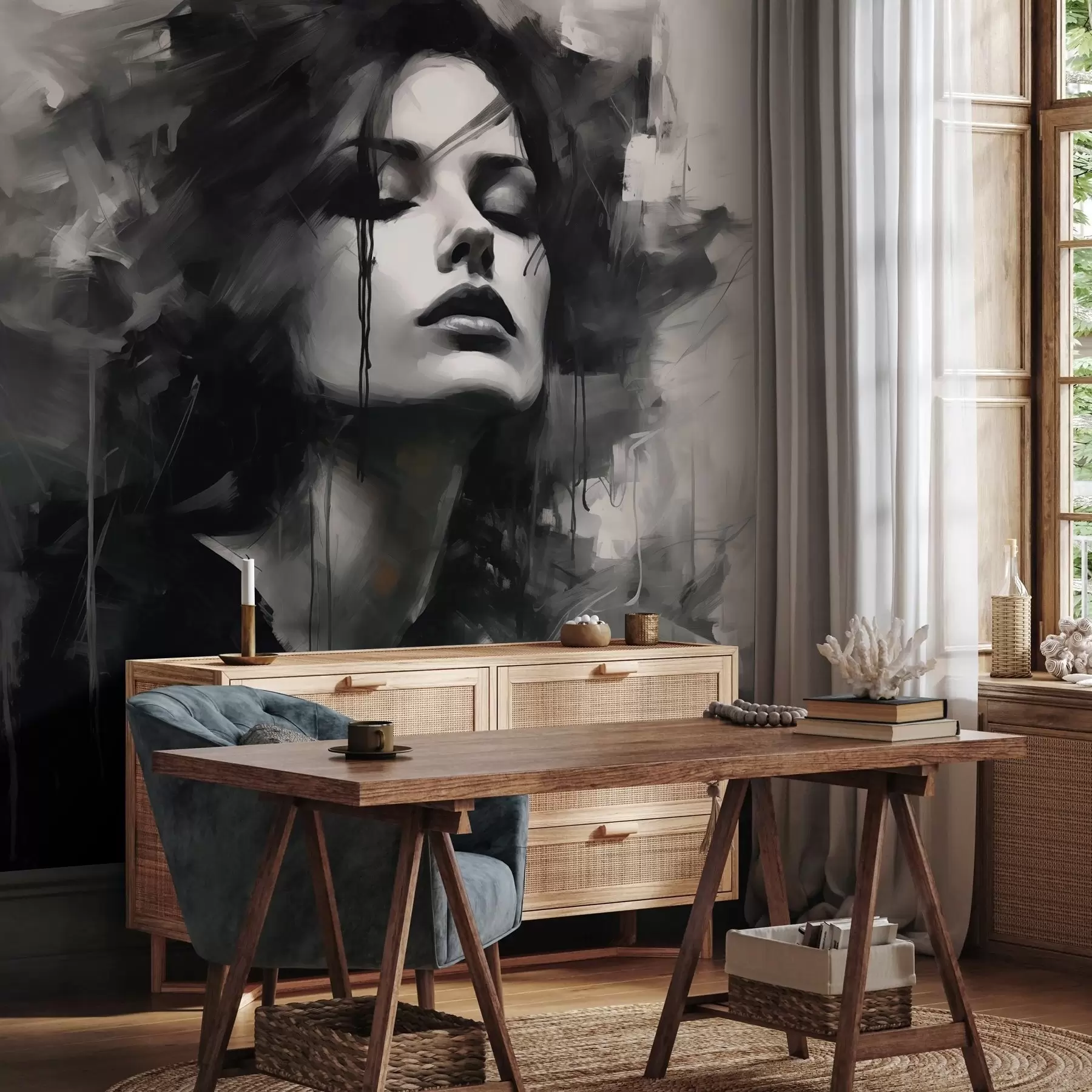 murales de pared Retrato de una mujer vestida de gris y negro w04049