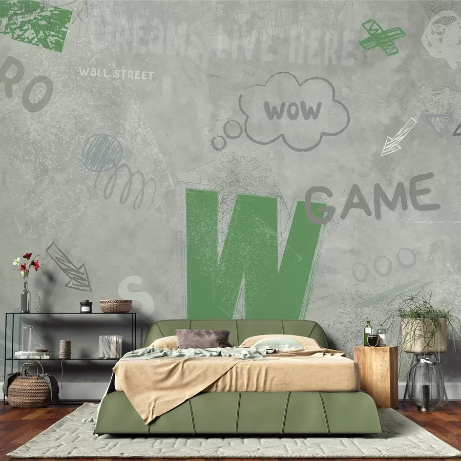 murales de pared Diseño de arte callejero con letras de color verde en el fondo de la pared de hormigón w04056v2