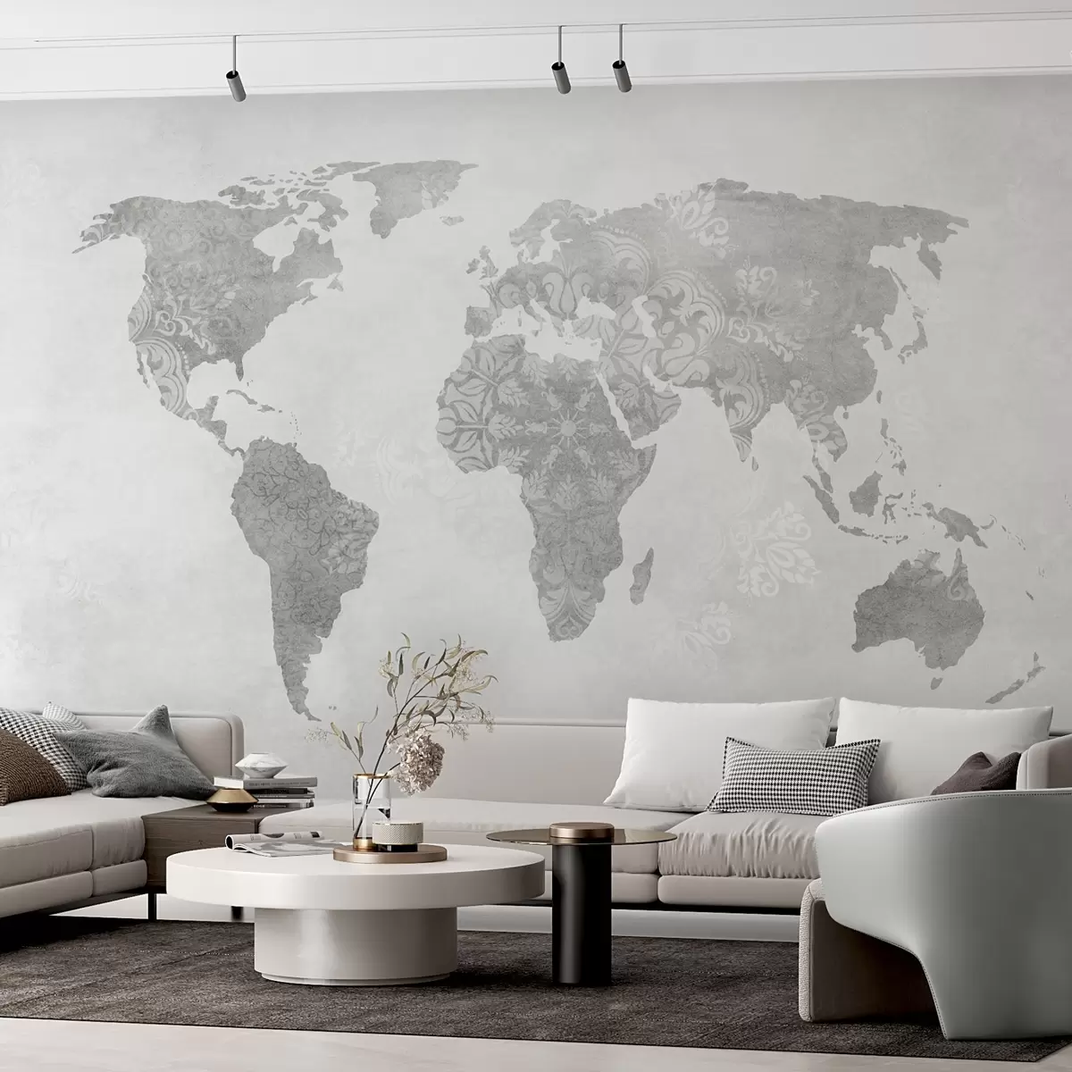 murales de pared Mapamundi con motivos, tonos monocromos w03954v1