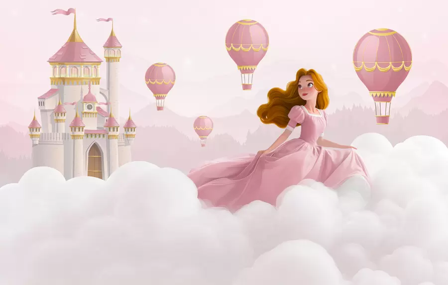 murales de pared Princesa entre las nubes sobre el fondo del paisaje con el castillo w04015v1
