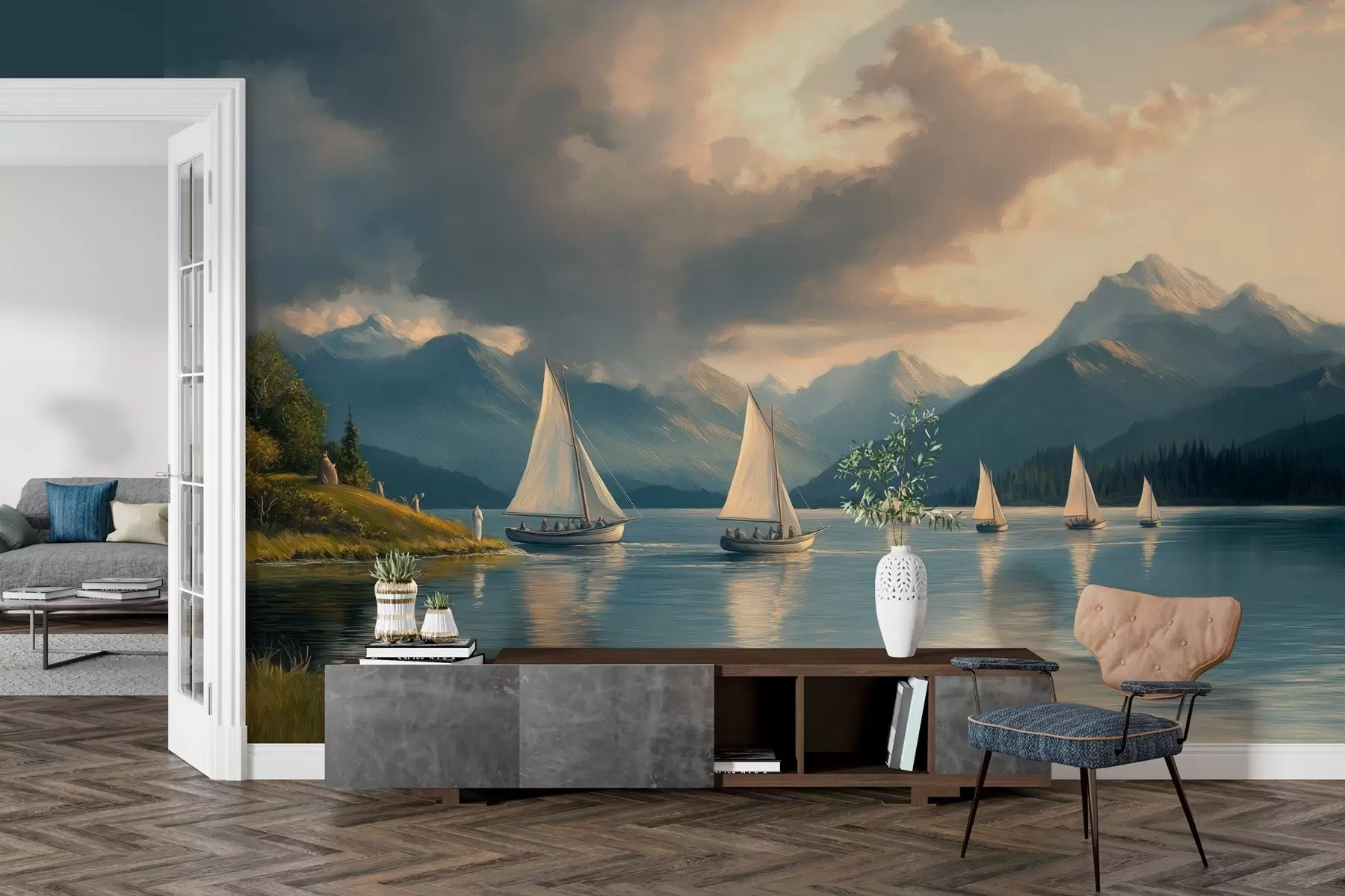 murales de pared regata en un lago con cielo nublado al estilo de un óleo del siglo XIX w04076