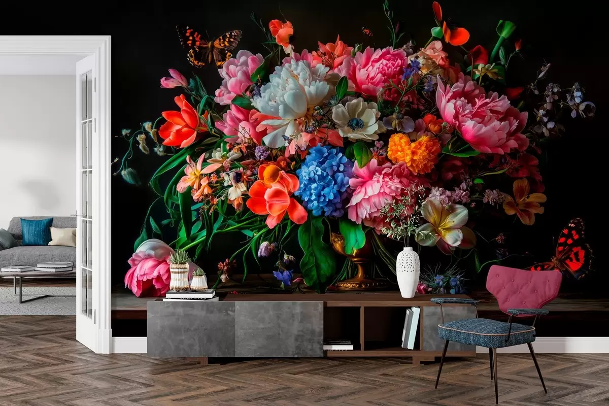 murales de pared ramo al estilo de la pintura al óleo holandesa del siglo XVII con una lujosa composición floral. w04078