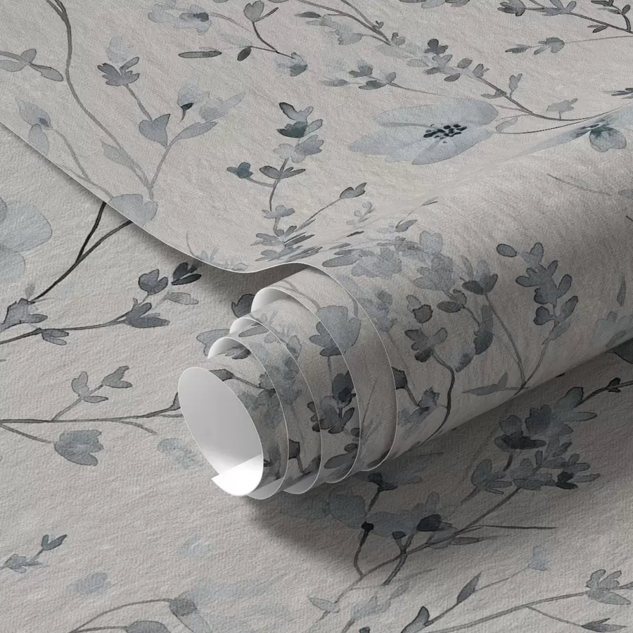 murales de pared Florística en acuarela azul y gris sobre fondo neutro a00198