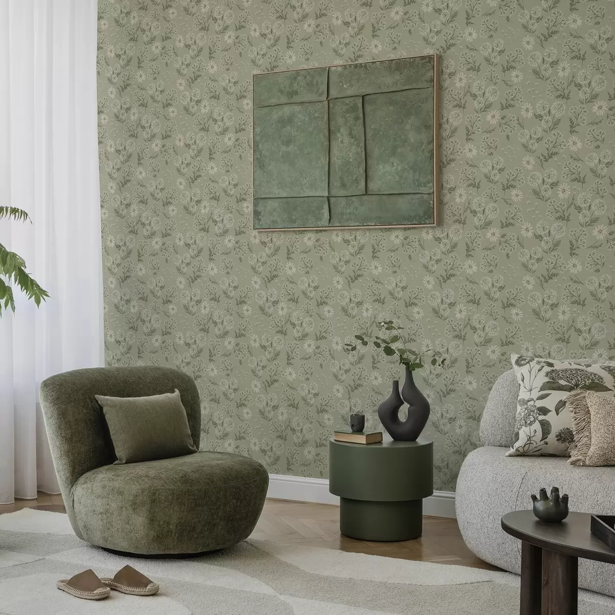 Papel pintado Dientes de león y margaritas, motivo botánico sobre fondo gris verdoso a00224