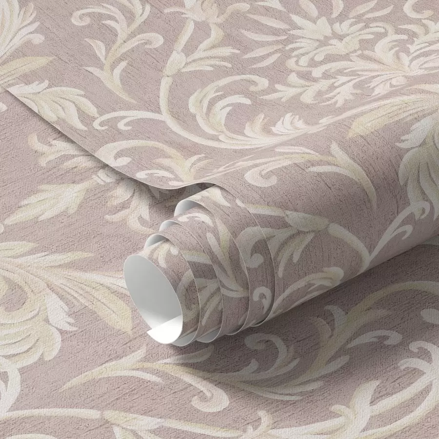 murales de pared Damasco clásico sobre fondo rosa, motivo barroco a00227