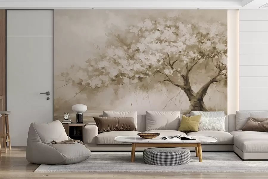 murales de pared Árbol abstracto de flores beige en plena floración, junto a un río, pinceladas de textura suave y colores pastel w09193v1