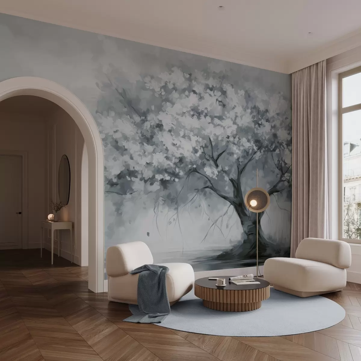 murales de pared Abstracto árbol en flor azul apagado en plena floración, junto a un río, pinceladas de textura suave y colores pastel w09193v2