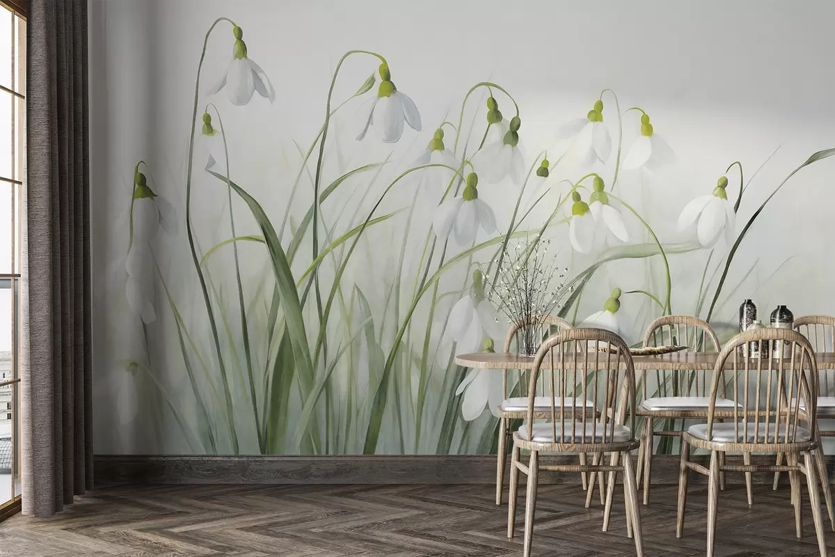 murales de pared Flores de campanillas de invierno con tallos y hojas de textura verde, estilo acuarela primaveral, pinceladas delicadas w09195
