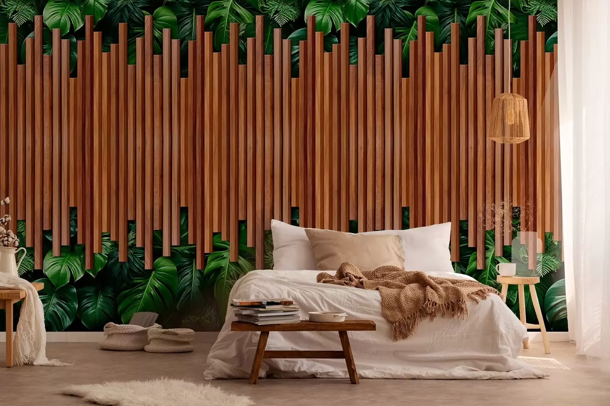 murales de pared Imitación de paneles de madera y pared verde w04138
