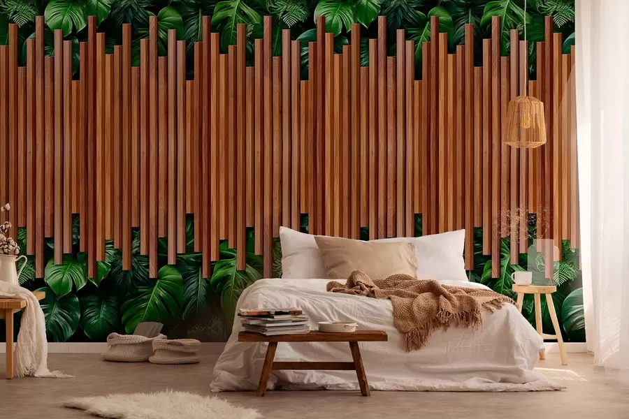 murales de pared Imitación de paneles de madera y pared verde w04138
