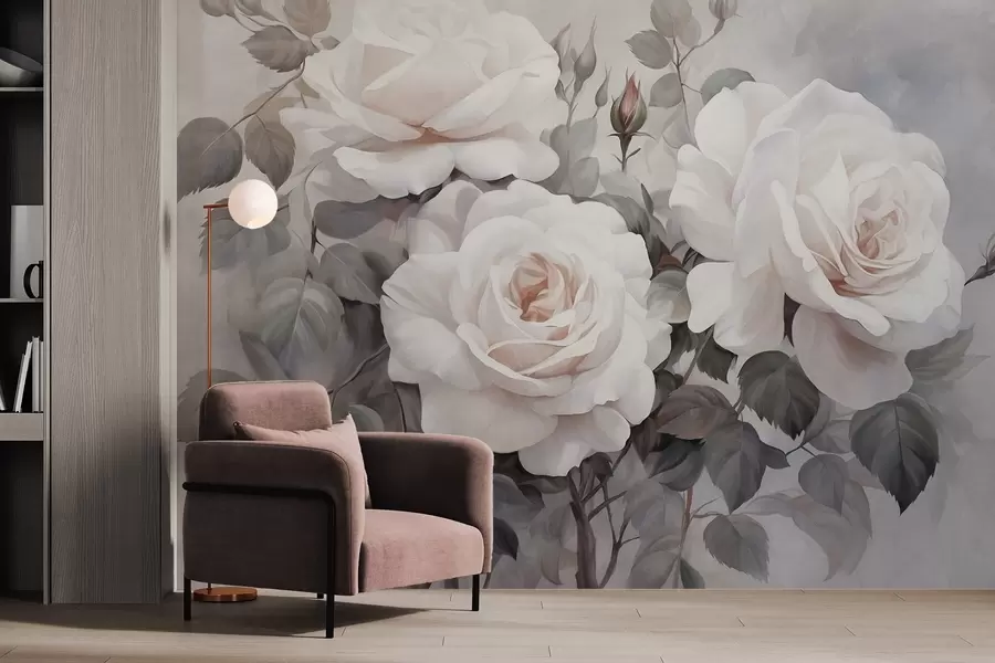 murales de pared Rosas blancas texturizadas con hojas y tallos, suaves colores pastel apagados, elegante estilo vintage , delicadas pinceladas w09198
