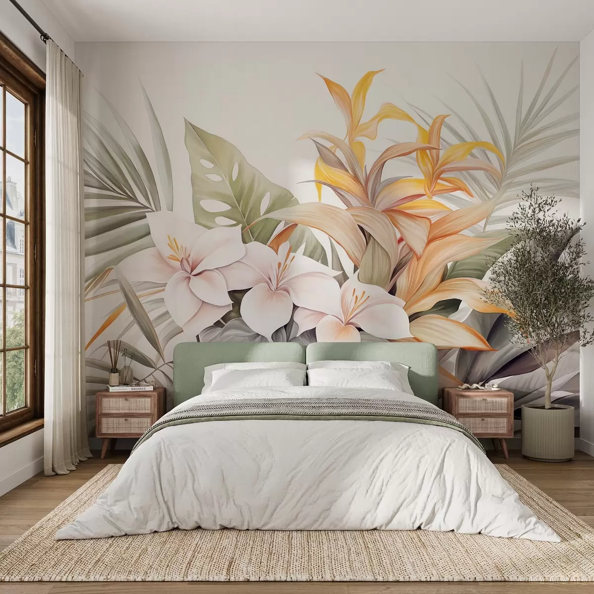 murales de pared Ilustración botánica de flores tropicales con hojas de palmera y monstera,colores suaves, estilo acuarela w09201