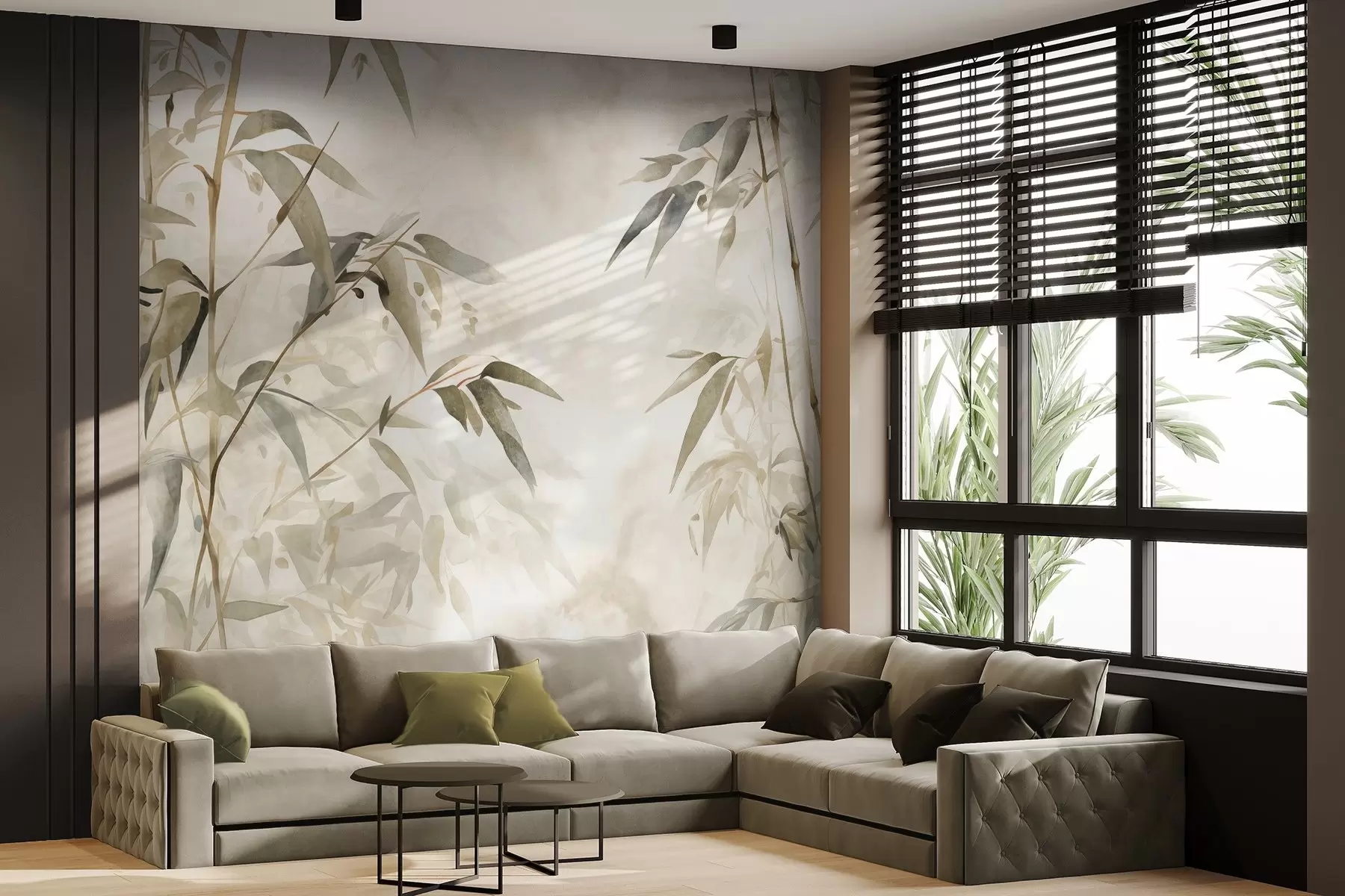 murales de pared Ramas con textura de bambú y hojas en estilo acuarela, suave paleta de colores neutros, fondo beige claro w09204