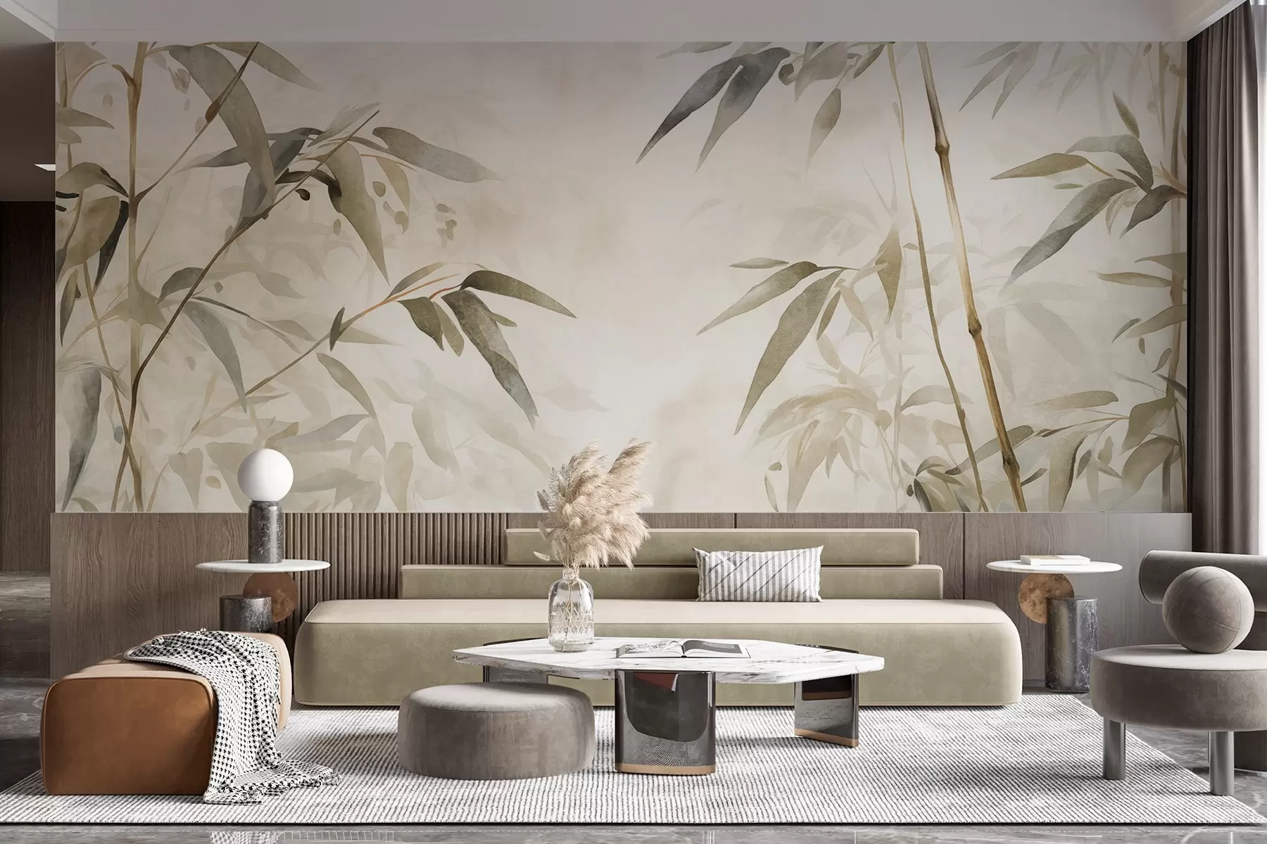 murales de pared Ramas con textura de bambú y hojas en estilo acuarela, suave paleta de colores neutros, fondo beige claro w09204