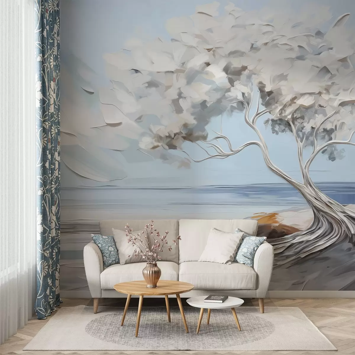 murales de pared Un árbol blanco con hojas gruesas y texturadas en una playa de arena, paisaje con cielo azul claro w09205