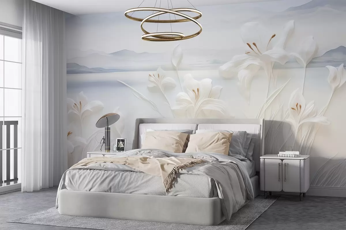 murales de pared Lirios blancos con largos tallos y hojas, montañas y lago al fondo, composición paisajística minimalista w09206