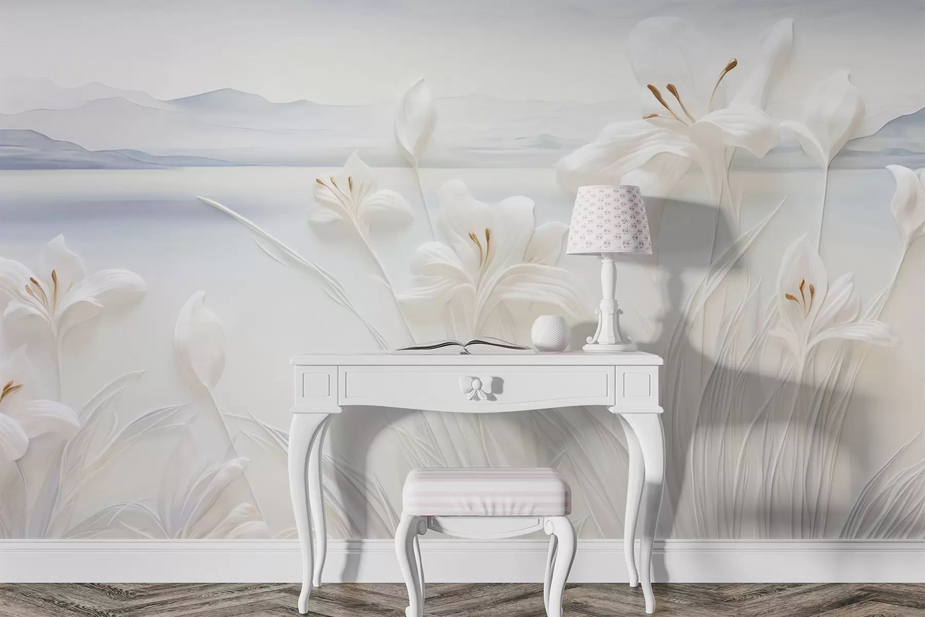 murales de pared Lirios blancos con largos tallos y hojas, montañas y lago al fondo, composición paisajística minimalista w09206