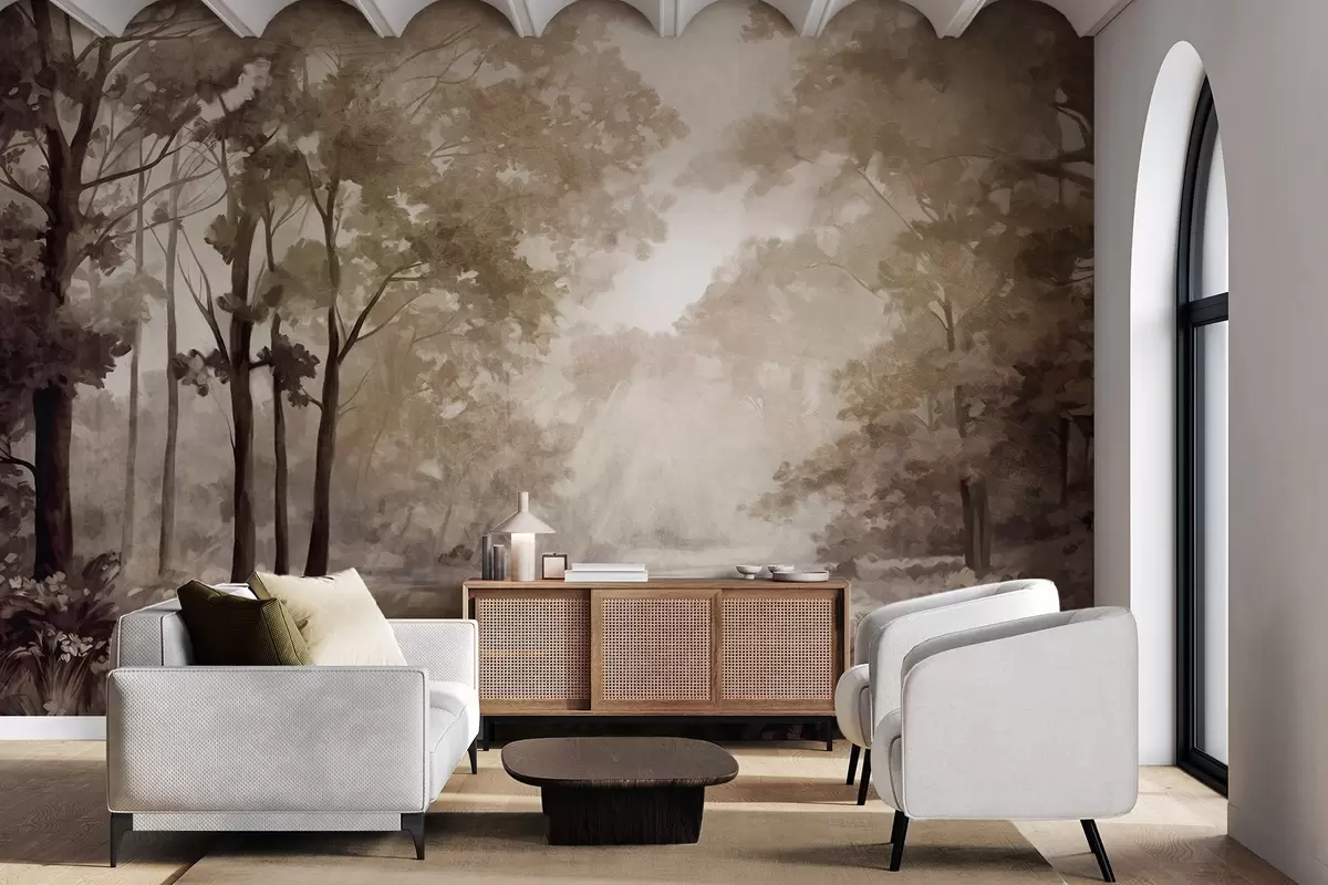 murales de pared Paisaje forestal texturizado, árboles con hojas beige y marrones, paleta de colores pastel w09210
