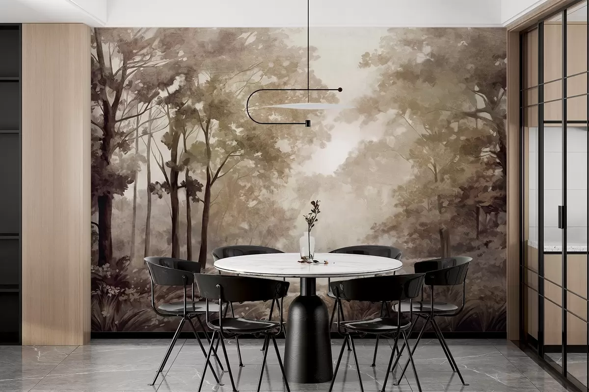 murales de pared Paisaje forestal texturizado, árboles con hojas beige y marrones, paleta de colores pastel w09210