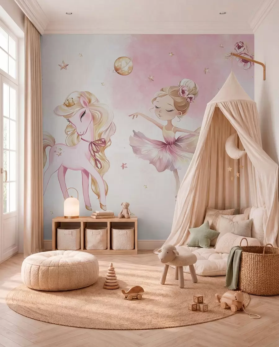 murales de pared Unicornio y bailarina en un cuento de hadas rosa, cuento infantil w04196