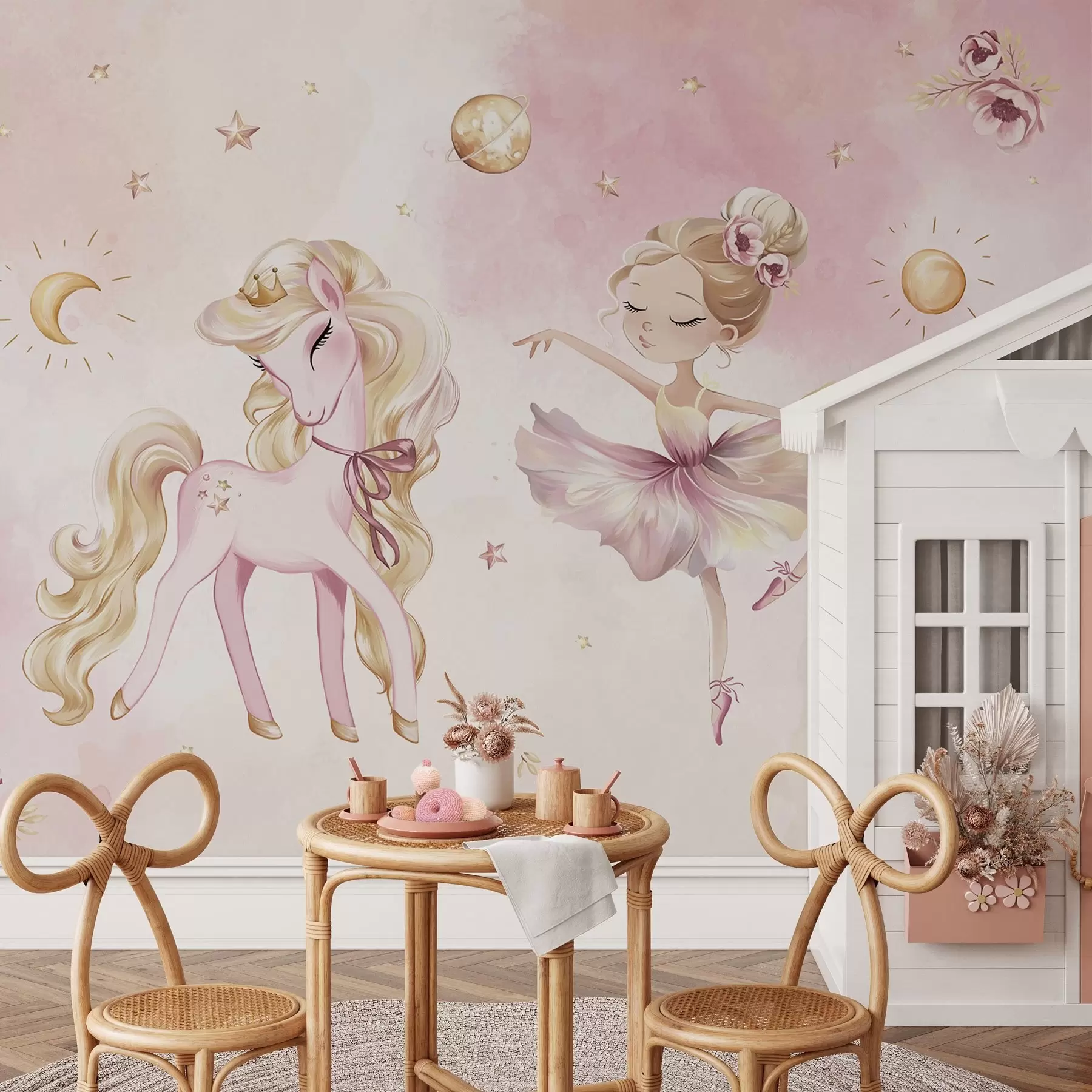 murales de pared Unicornio y bailarina en un cuento de hadas rosa, cuento infantil w04196