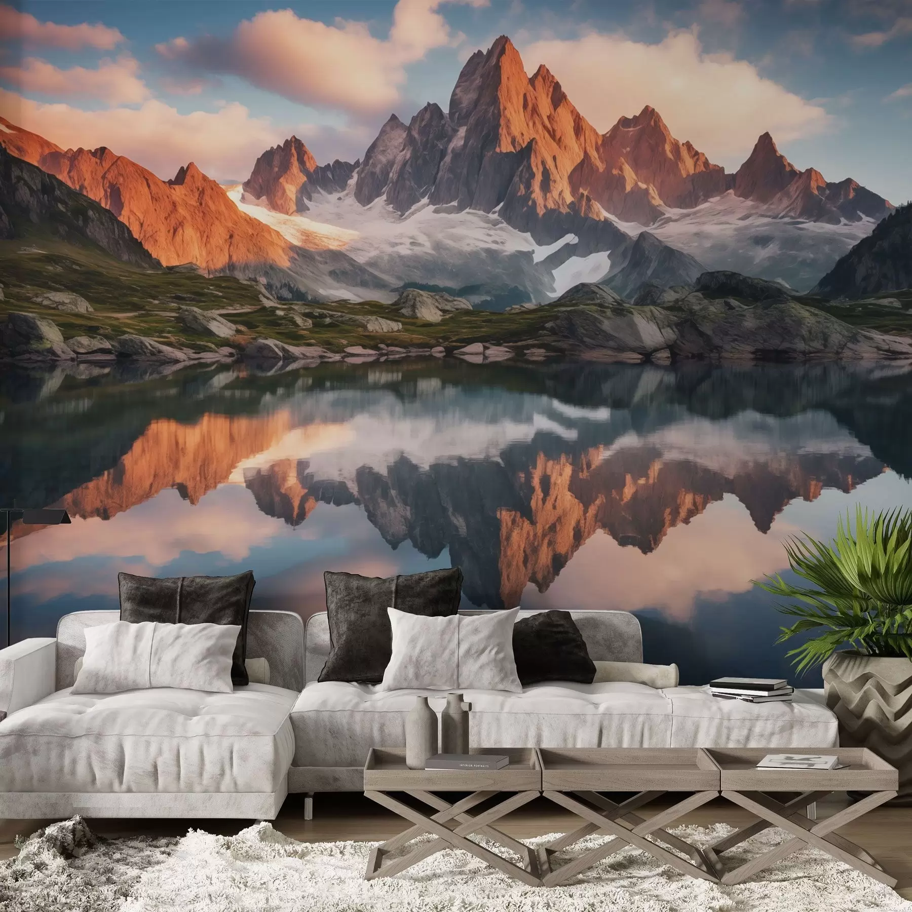murales de pared Montañas al amanecer, reflejo en el agua, paisaje realista w04150