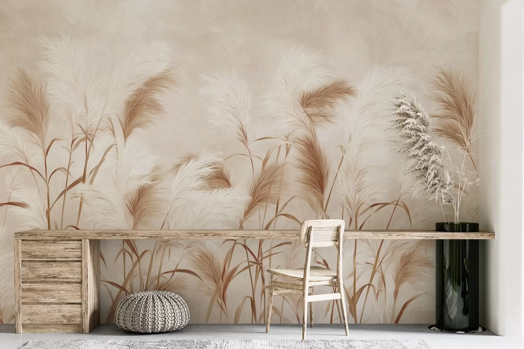 murales de pared Elegantes flores de hierba de la pampa en suaves tonos beige y lechosos w09150v1