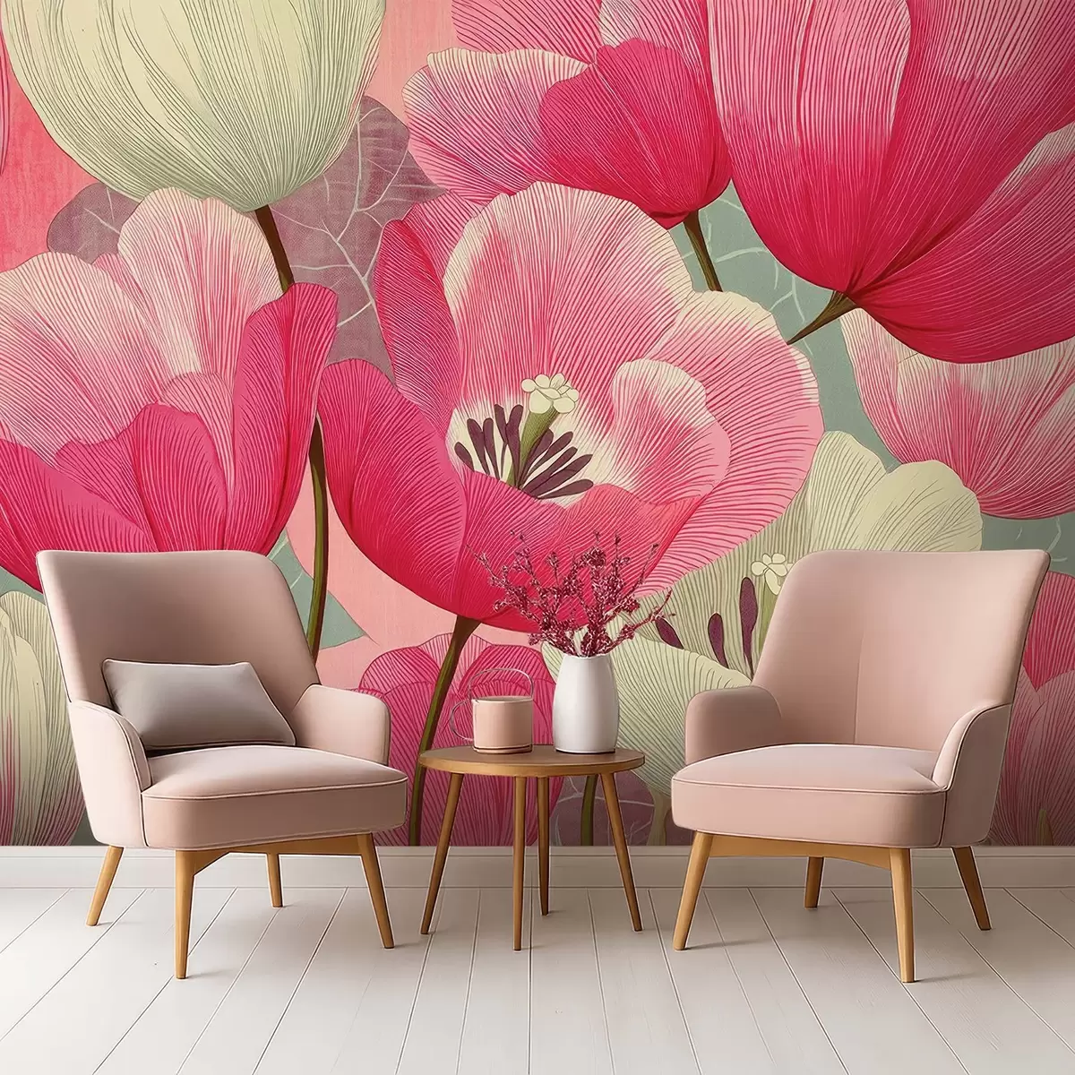 murales de pared Amapolas vivas con hojas gráficas de fondo w09152