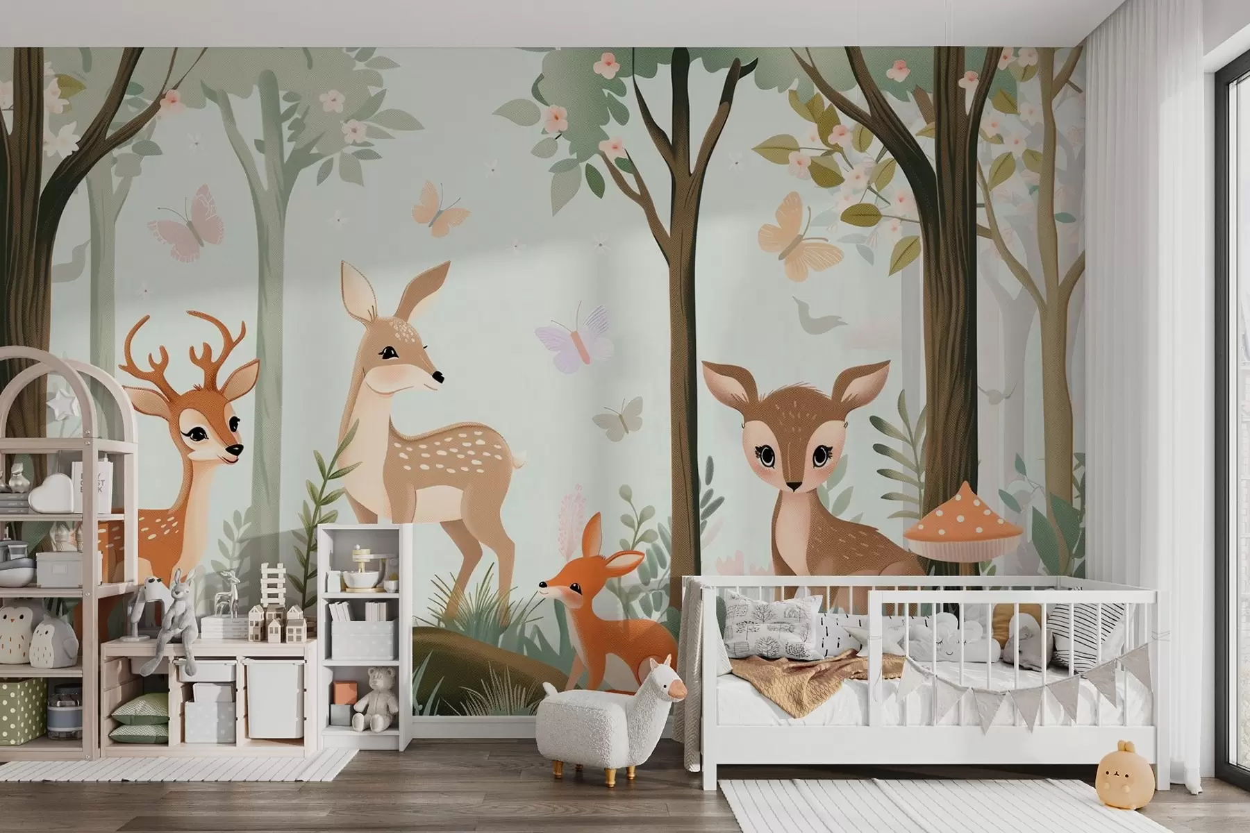 murales de pared Caprichosos animales del bosque en tonos verdes w09227